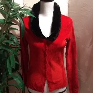 TOMFOOLERY RED SWEATER WITH BLACK FAUX FUR COLLAR
